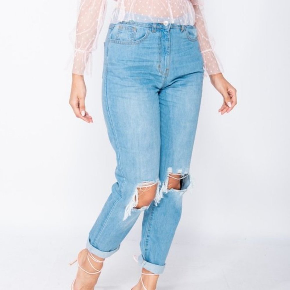 Blue High Waist Distressed Ripped Cuffed Boyfriend Jeans Denim Pants - Picture 5 of 16